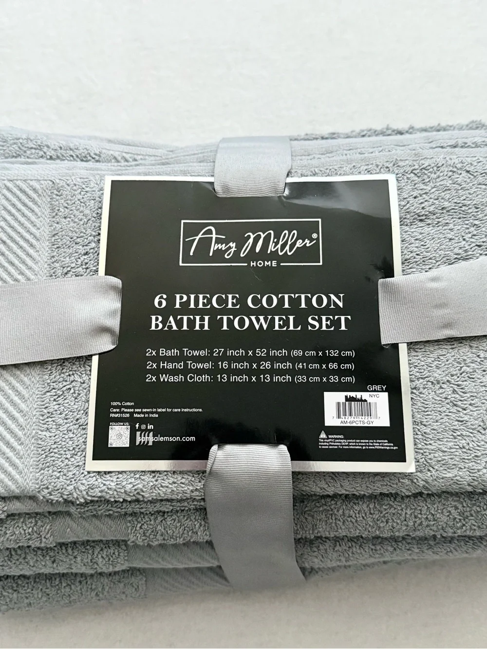 Amy Miller Home 6 Piece 100% Cotton Bath Towel Set Gray NWT Soft Absorbent